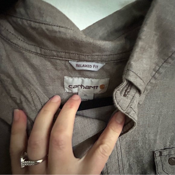 Men’s CARHARTT XL brown grey button up collared shirt linen feel relaxed fit - Picture 3 of 11